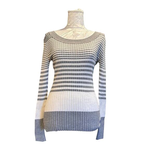 Y2K Its About Time Scoop Neck Ribbed Stripe Sweater White Gray Women’s Medium - Picture 2 of 16